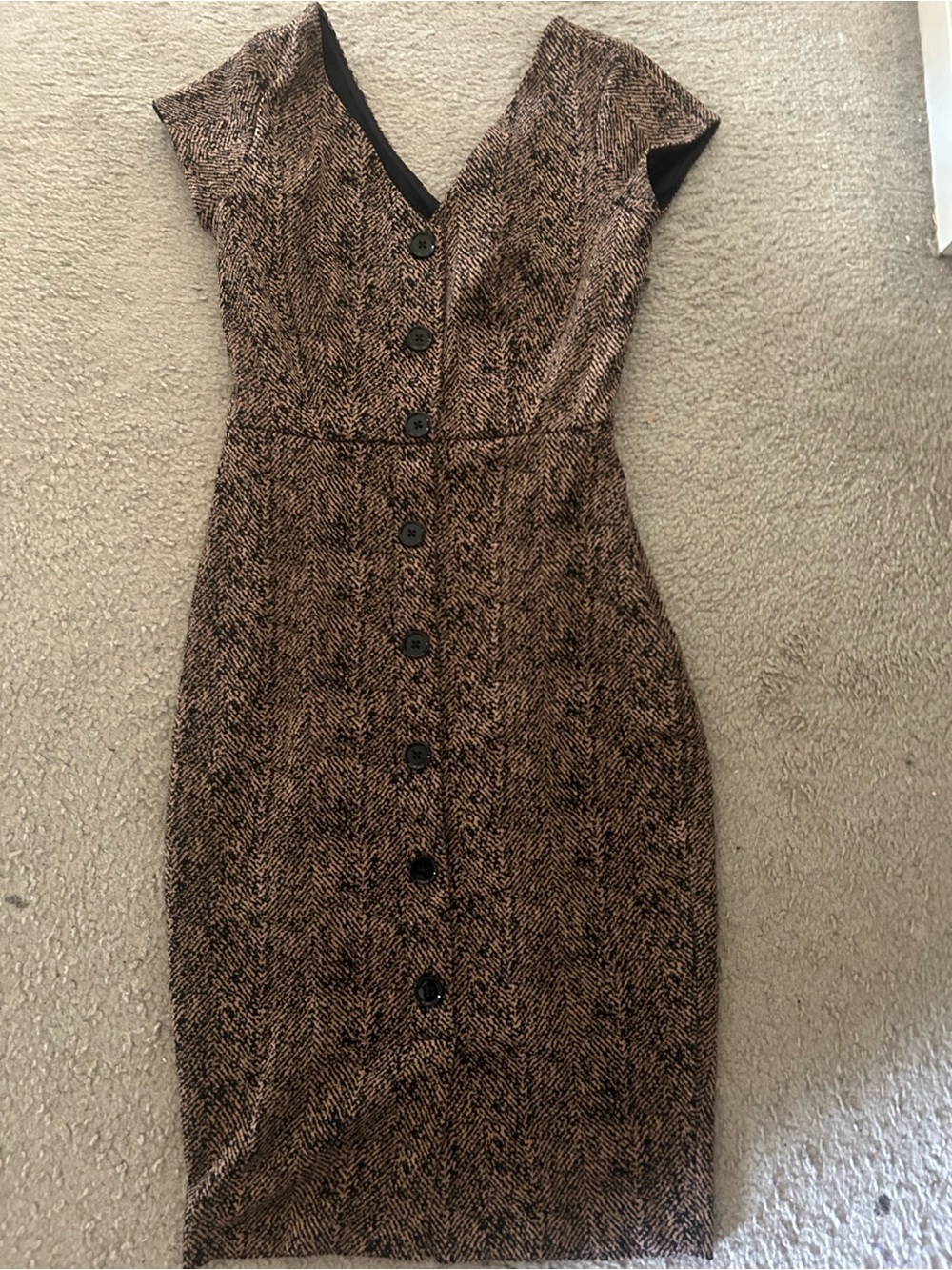 Express Brown Herringbone Midi Dress with Button Front